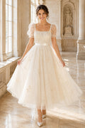 Ivory Puff Lace Sleeve Square Neck Dress with Tulle Skirt Tea Length A-Line Wedding Dress front view