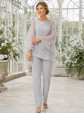 Steel Grey Elegant Ankle-Length Straight-Leg Mother of the Bride Crepe Pantsuit with Asymmetric Layered Scoop-Neck Top and Sh