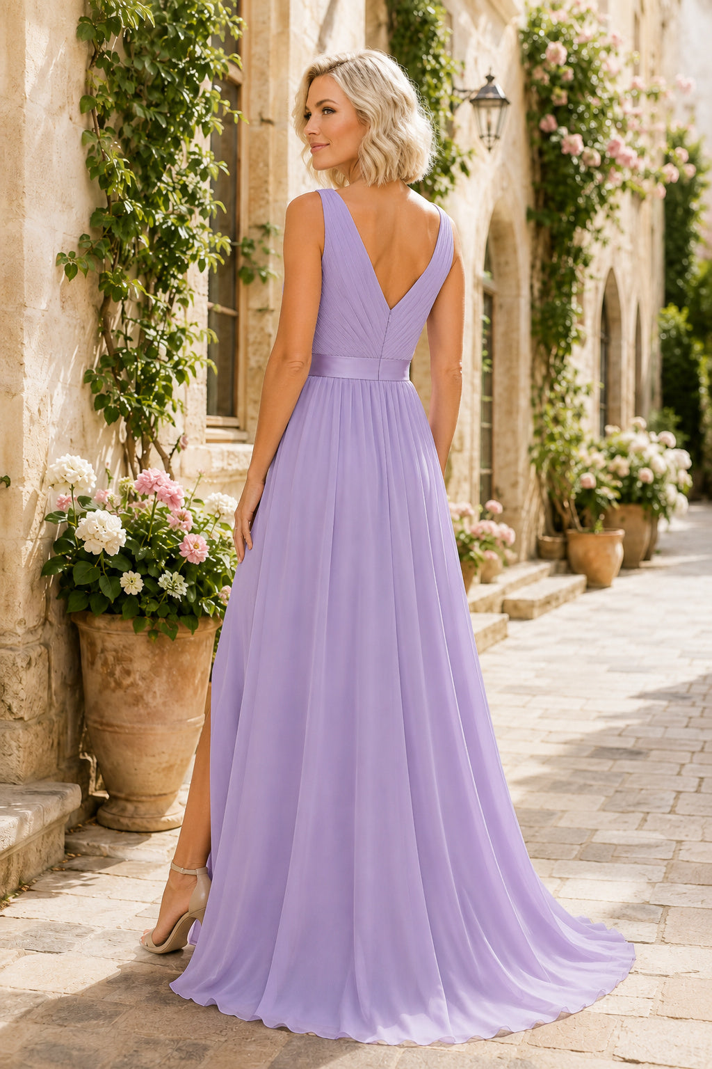Lavender V-Neck Chiffon A-Line Bridesmaid Dress with Sleeveless Bodice and Side Split back view