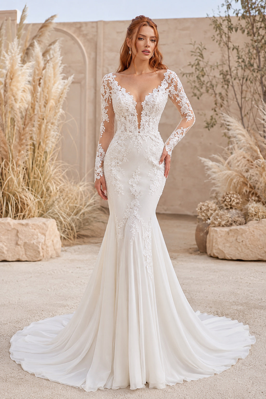 Ivory Modern V-Neck Mermaid Crepe Look Satin Wedding Dress with Long Lace Sleeves and Sweep Train front view