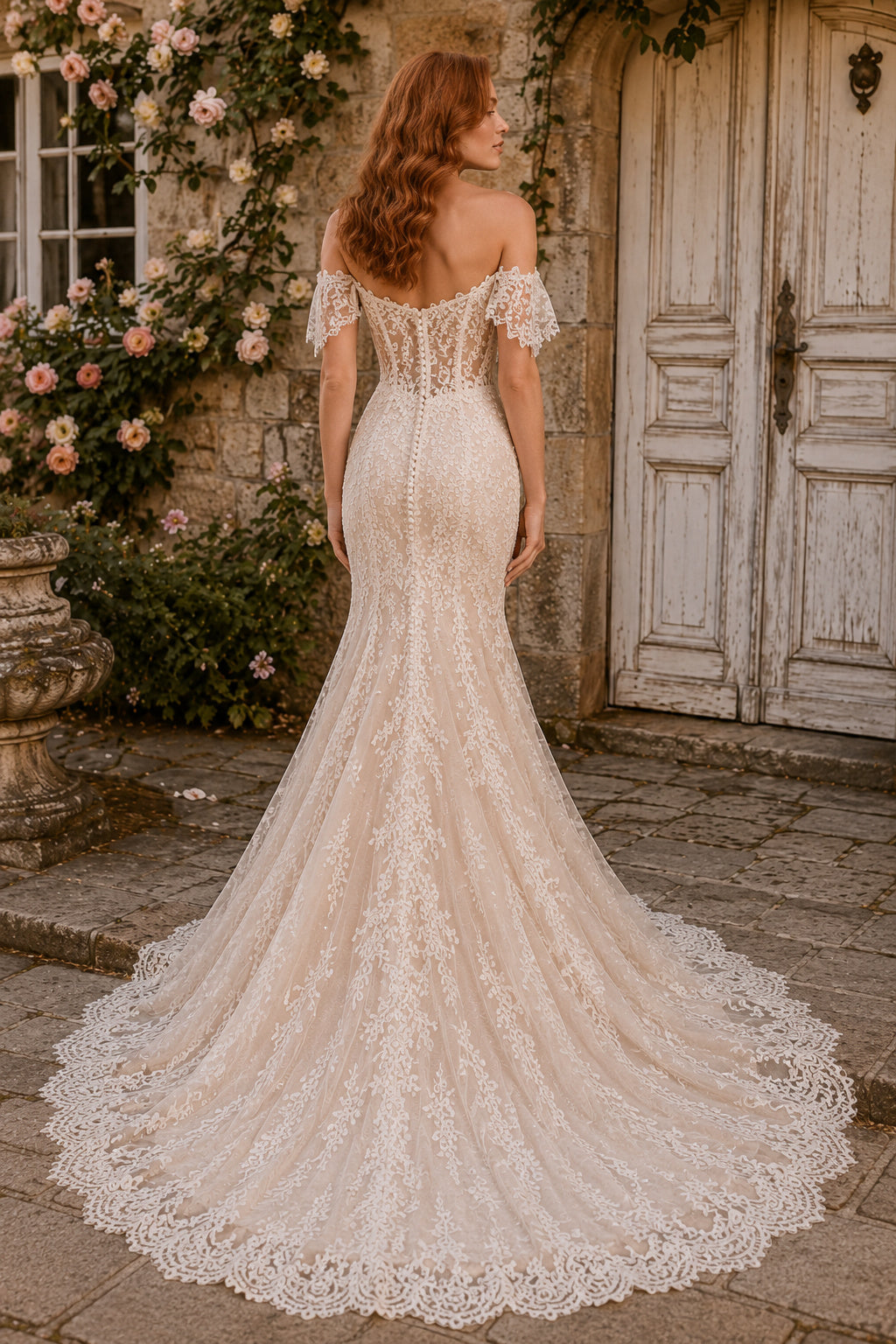 Ivory Off Shoulder Lace Mermaid Wedding Dress Chapel Train for Wedding Ceremony and Reception Style MG_701457 back view
