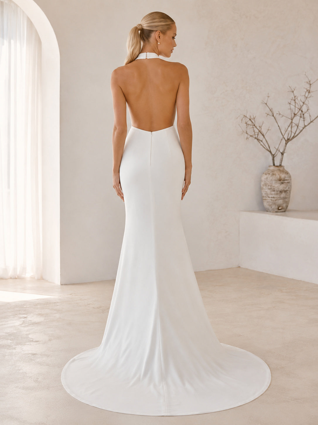 Minimalist Satin Wedding Dress Sheath Halter Sleeveless Sweep Train Open Back Bridal Gown back view