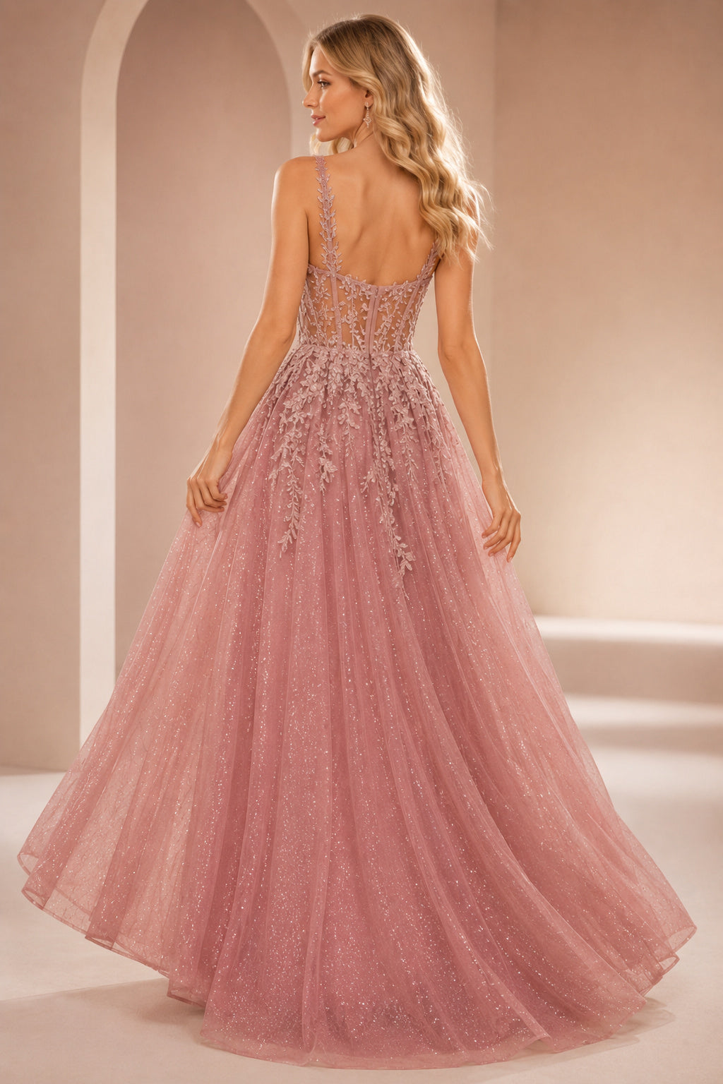 Dusty Rose Spaghetti Strap Glitter Tulle A-Line Prom Dress with Front Slit back view