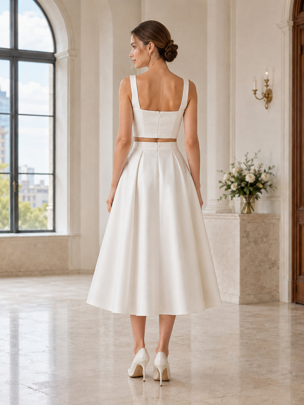 Simple Bridal Two Piece Square Neck Sleeveless Satin Tea Civil Wedding Outfit back view