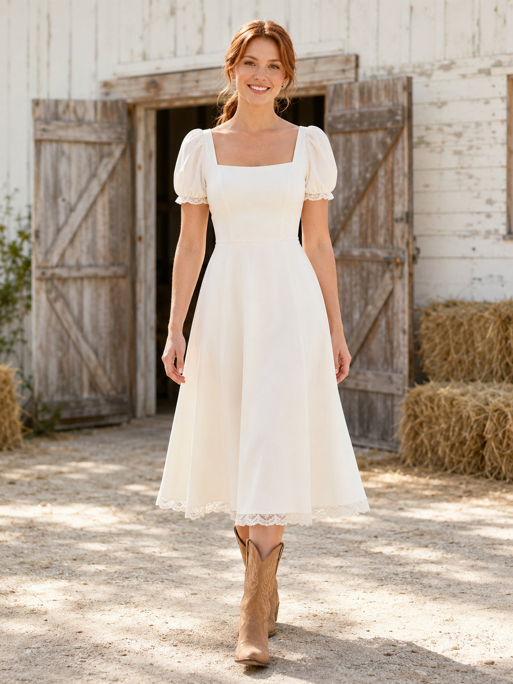 Simple Satin Tea-Length A-Line Square Neck Puff Sleeve Wedding Dress front view