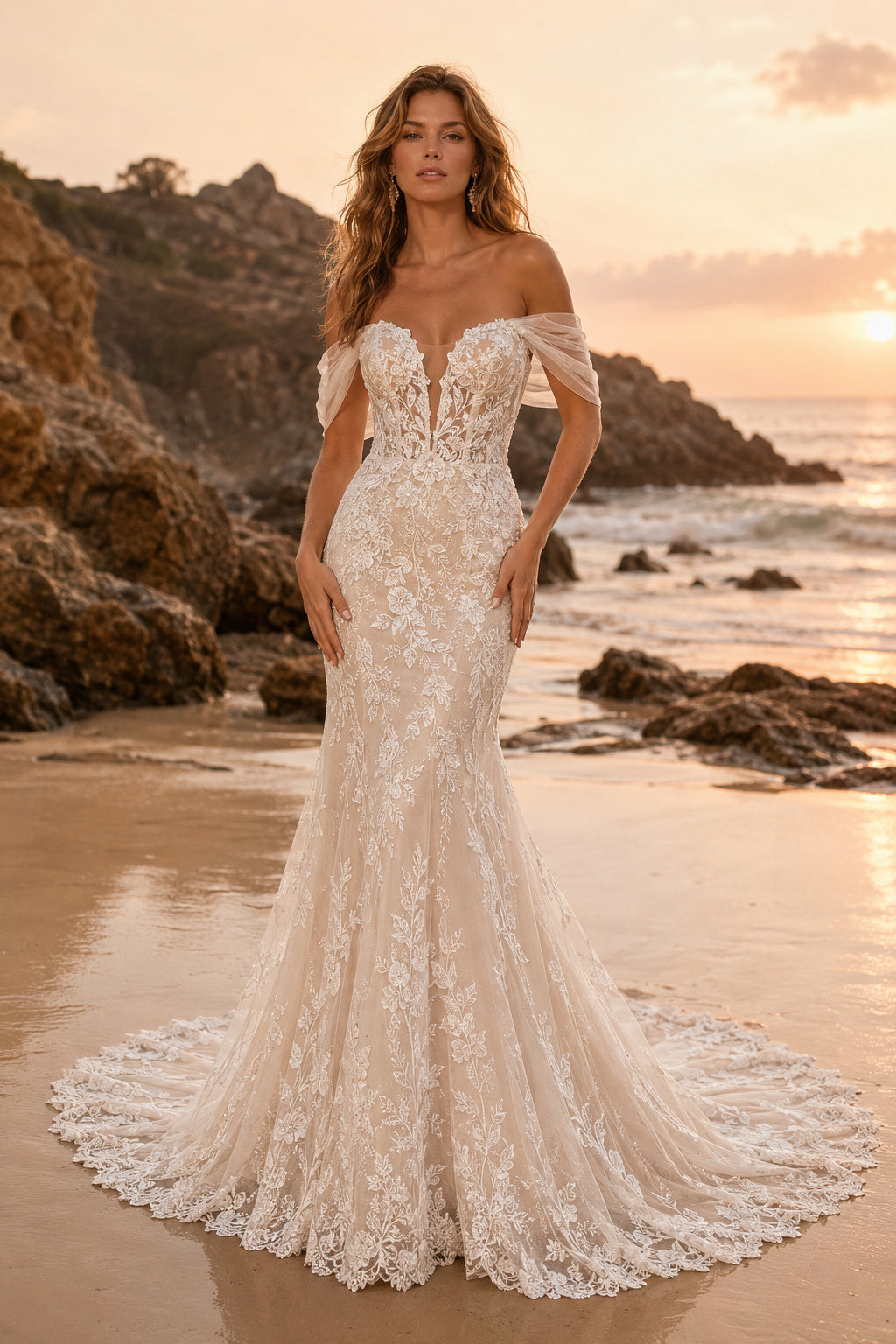 Ivory Off Shoulder Lace Mermaid Wedding Dress Chapel Train for Bridal Ceremony and Reception Style MG_700763 front view