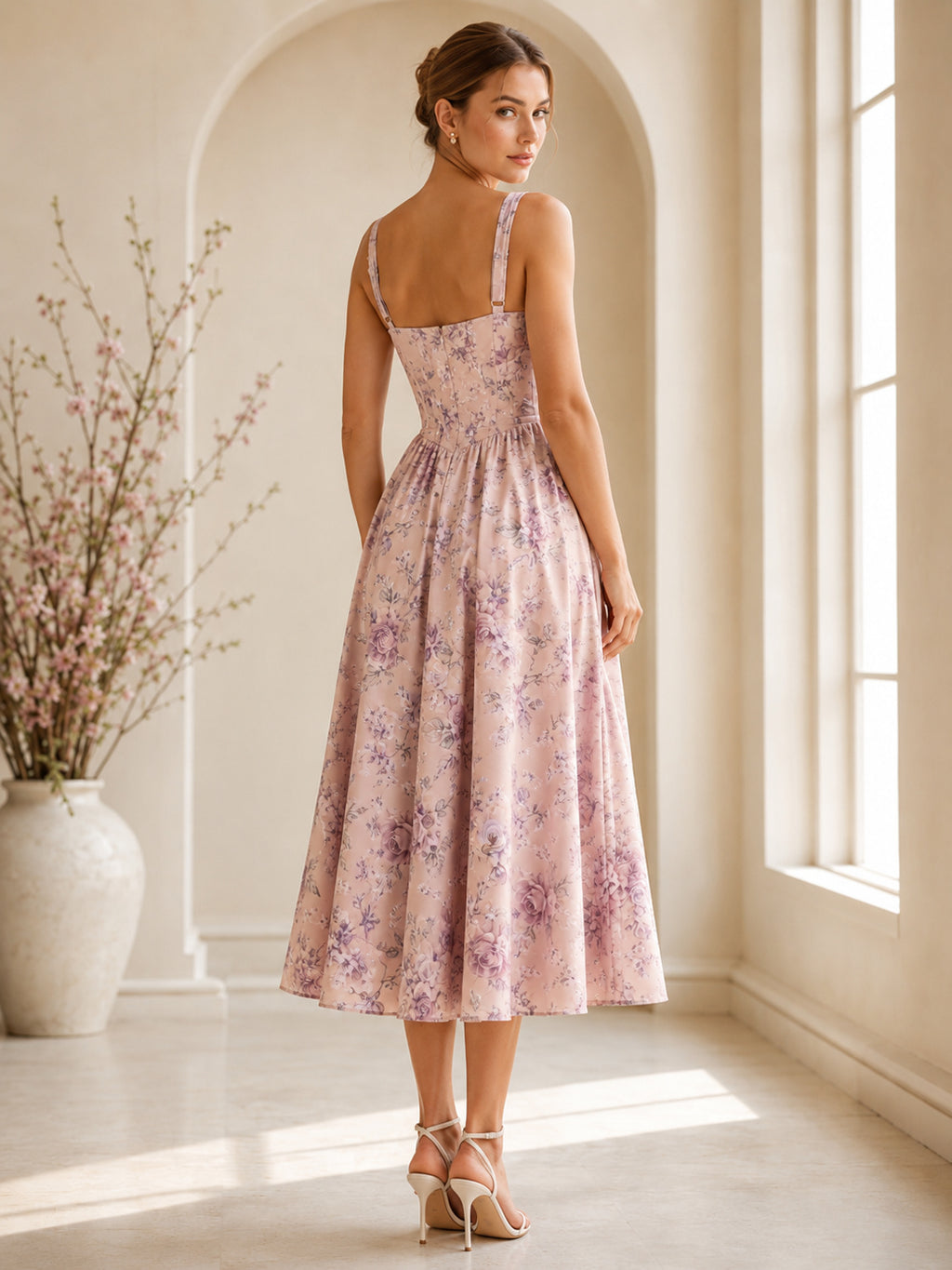 Pink Floral Corset Bodice Spaghetti Strap Midi Dress back view