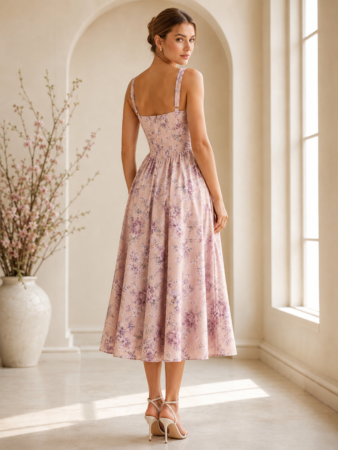 Pink Floral Corset Bodice Spaghetti Strap Midi Dress back view