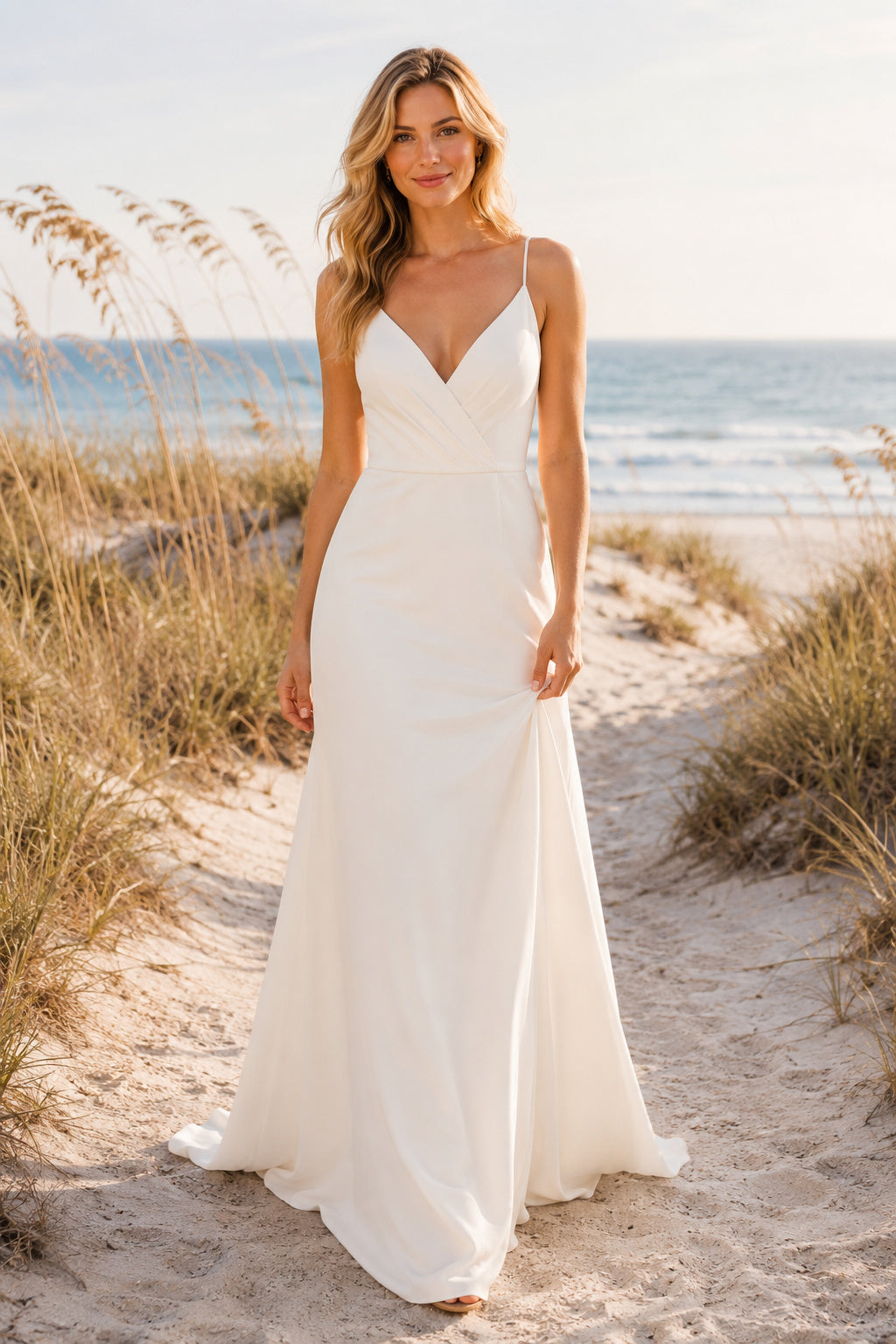 White Plain Spaghetti V-Neck Sheath Wedding Dress Sweep Train for Bridal Ceremony and Reception front view