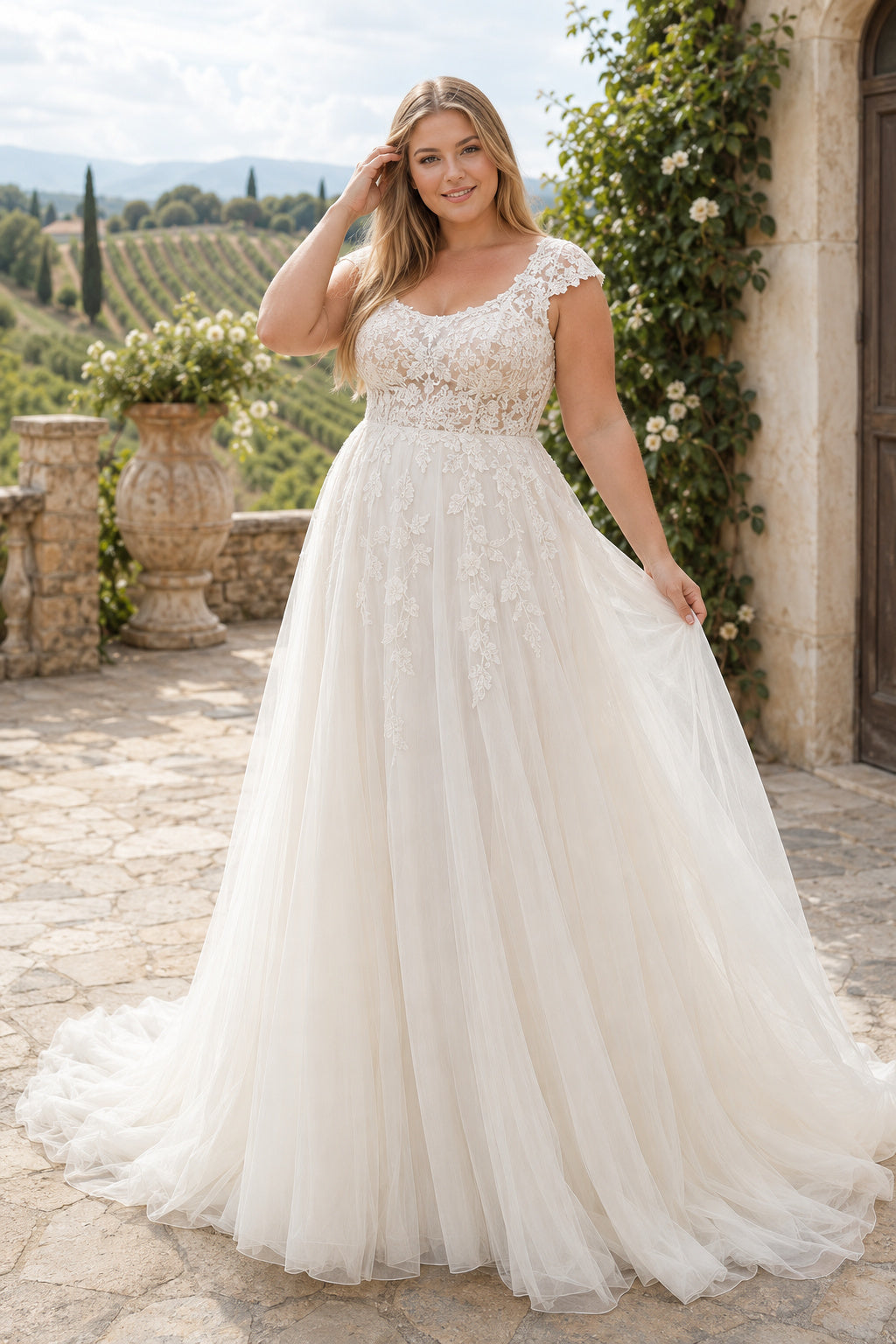 Plus Size Ivory Scoop Neck Cap Sleeve Lace Tulle A-Line Wedding Dress with Cap Sleeves and Full Tulle Skirt front view