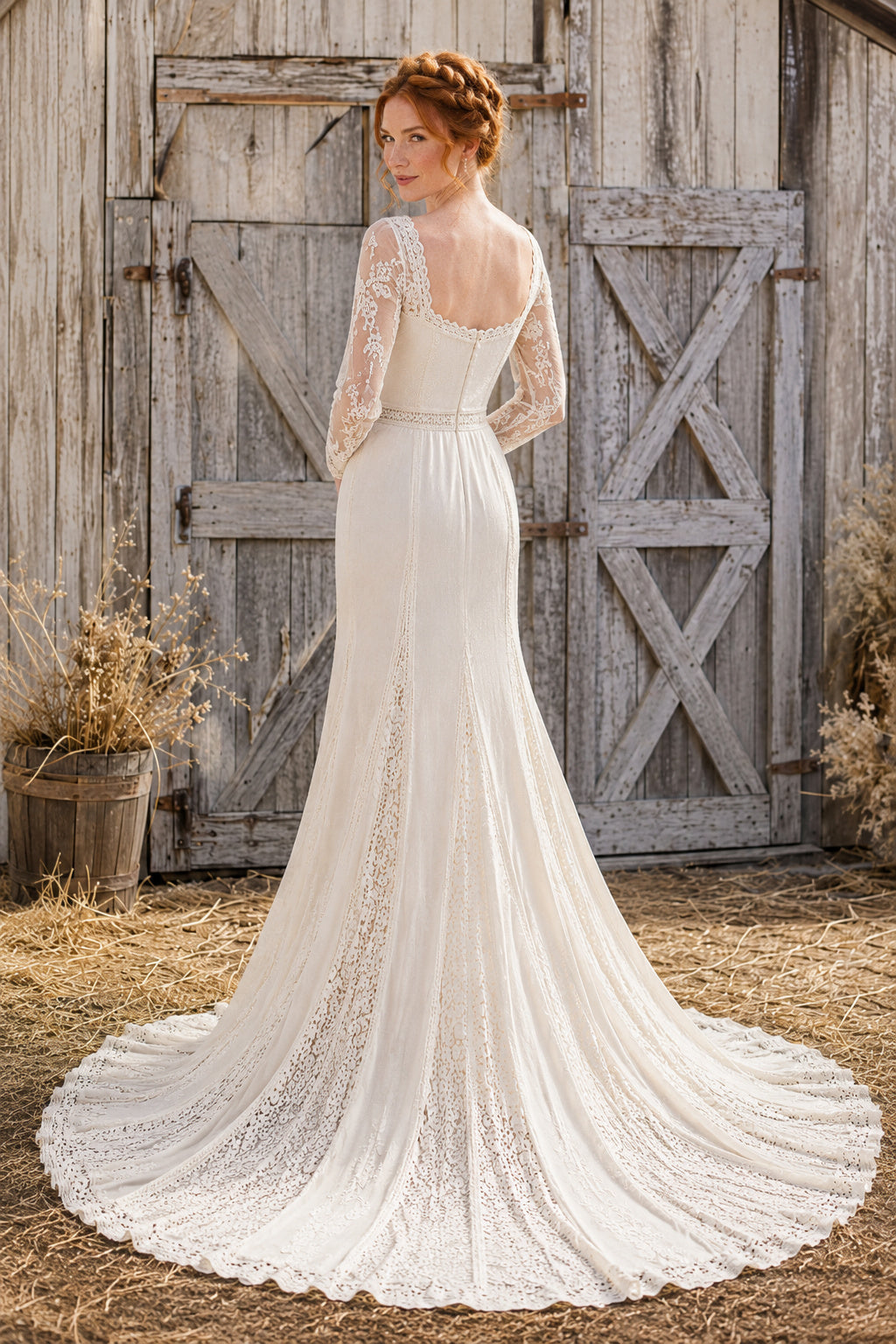 Square Neck Long Sleeve Mermaid Wedding Dress with Lace Overlay and Chapel Train back view