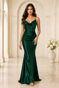 Dark Green Spaghetti Strap Satin Sheath Prom Dress with Lace-Up Back front view