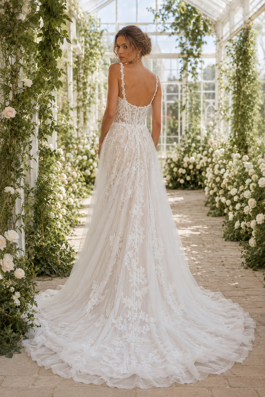 Ivory Spaghetti V-Neck Lace Tulle A-Line Wedding Dress Split Train for Wedding Ceremony and Reception Style MG_701418 back vi