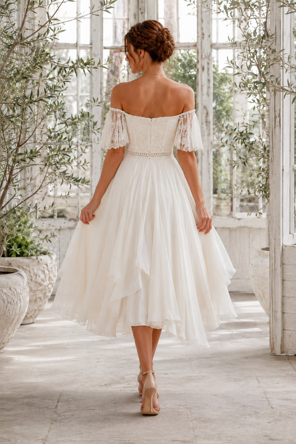 Off-the-Shoulder Tea-Length Tulle Wedding Dress with Flutter Sleeves back view