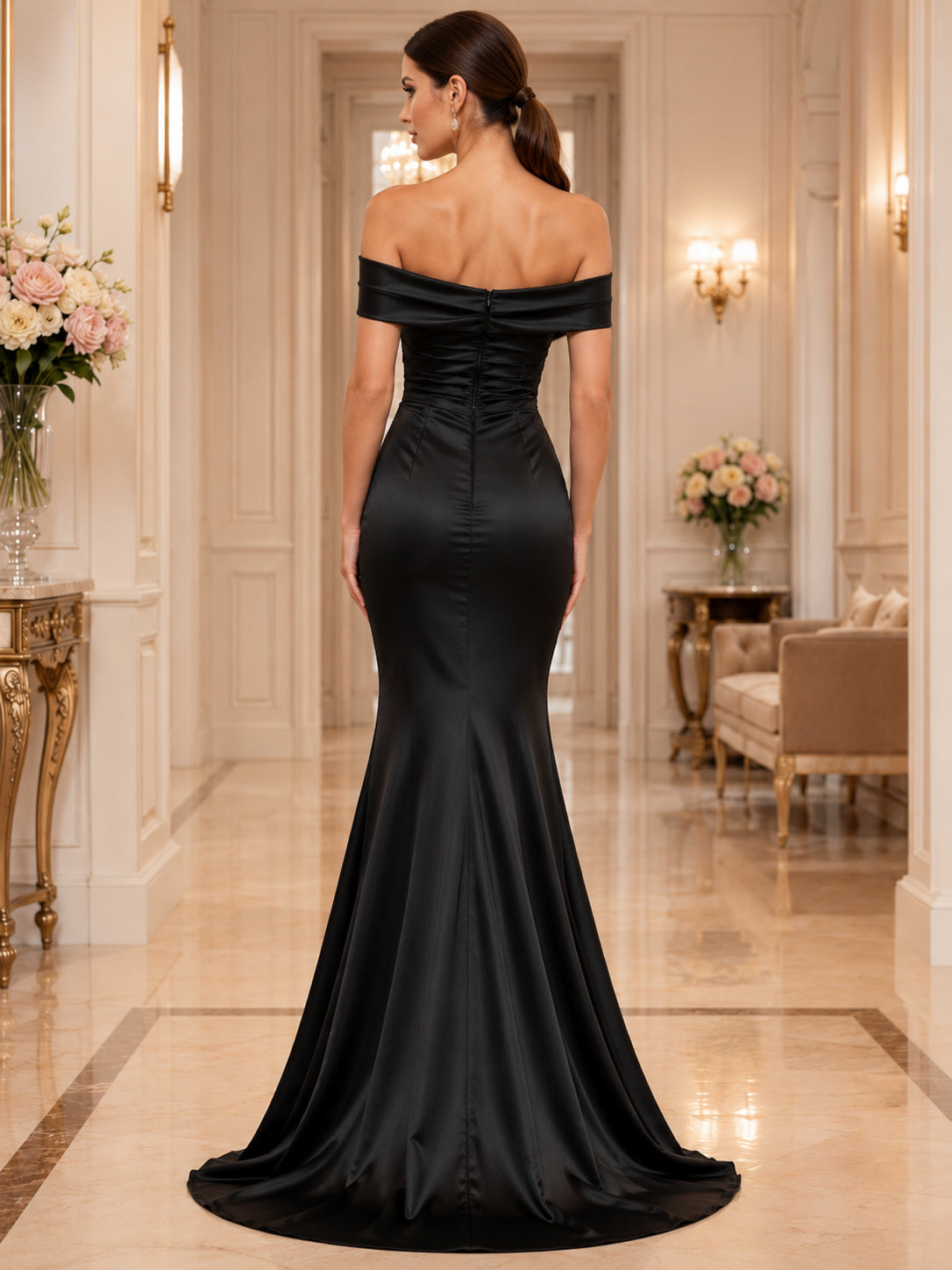 Black Off Shoulder Satin Floor Length Mermaid Evening Formal Dress back view