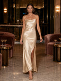 Champagne Satin Square Neck Side Slit Floor Slip Dress front view