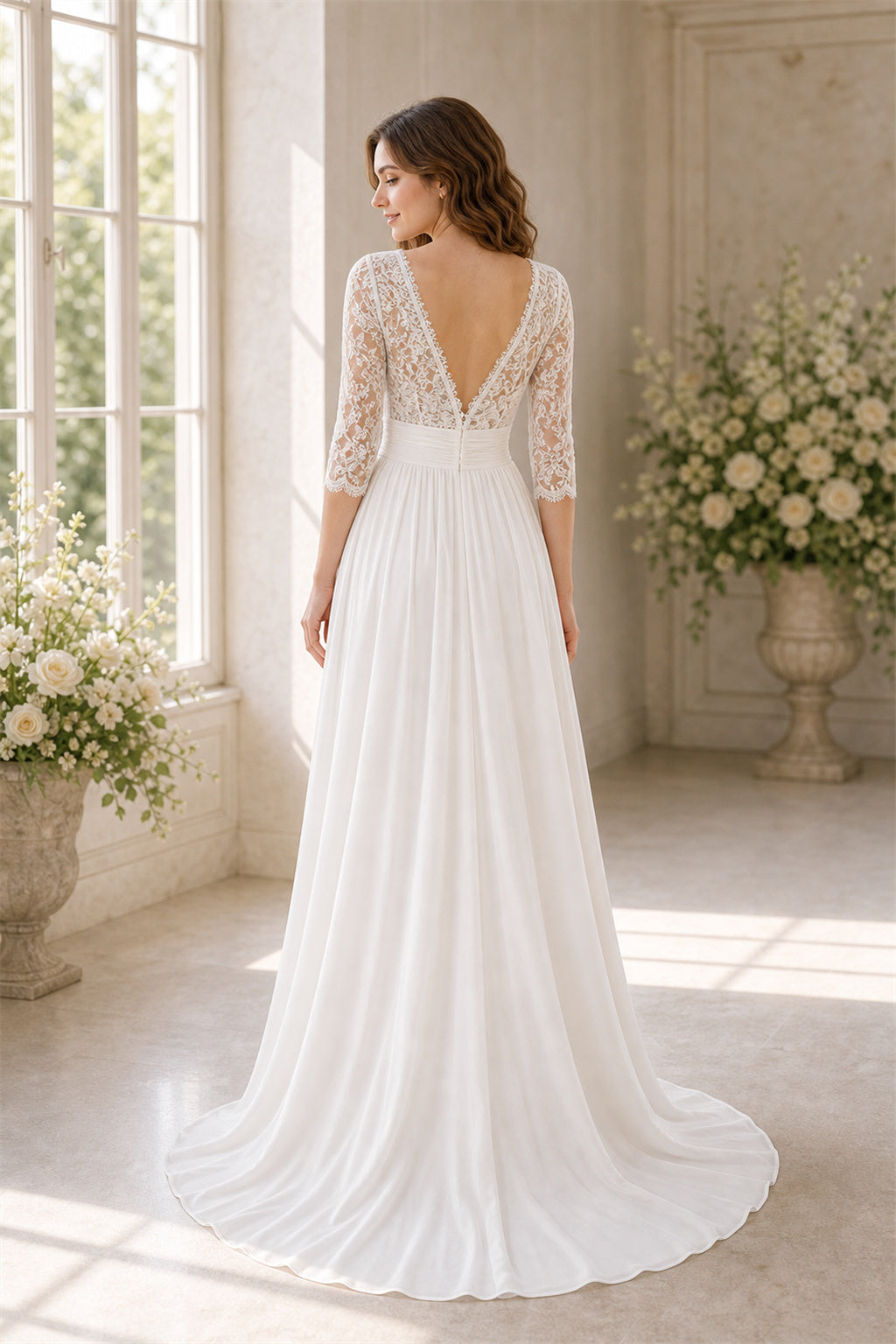 Champagne Halter A-Line Crepe Floor-length Wedding Dress With Lace Bodice and Sweep Train and Open Back