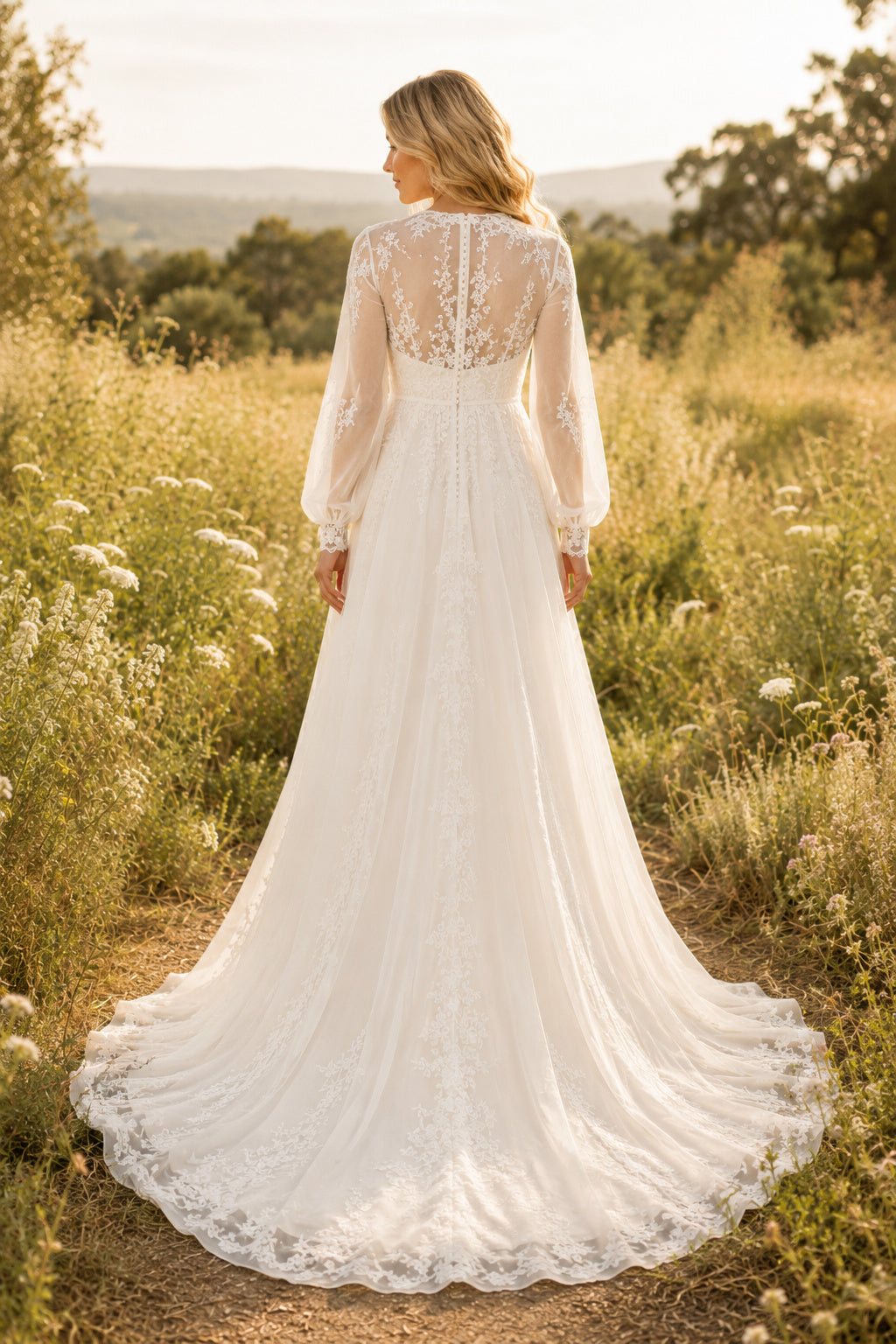 Ivory Modern One-Shoulder A-Line Lace Tulle Wedding Dress with Single Long Lace Sleeve and Chapel Train back view
