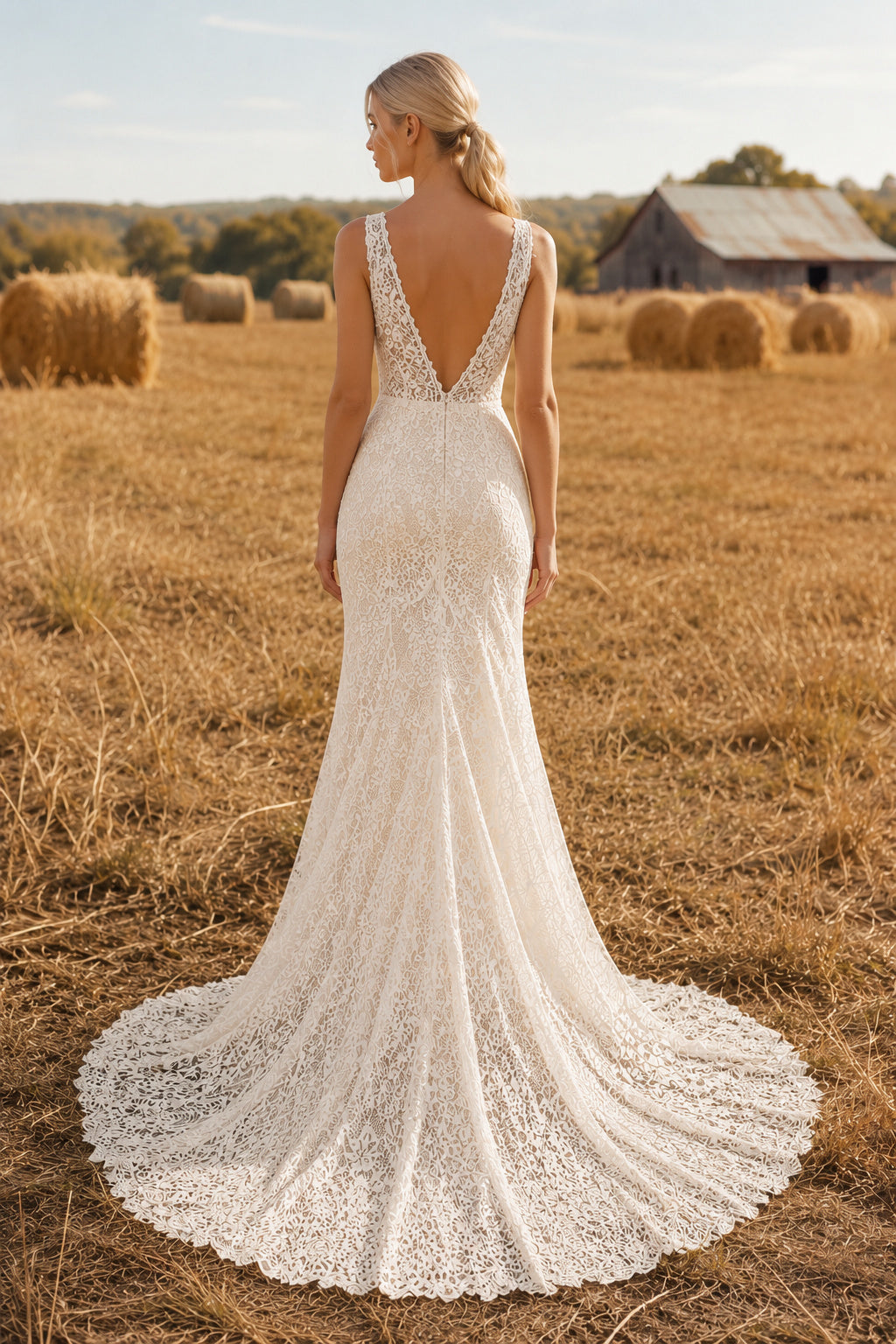 Ivory Spaghetti Strap Mermaid Lace Wedding Dress with Deep V-Neck and Train back view