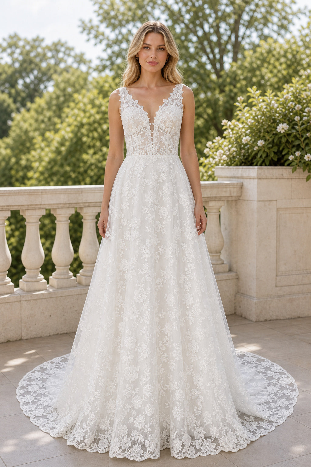 White Bateau Cap Sleeves A-Line Chiffon Floor-length Wedding Dress With Pleated Skirt and Layered Skirt and Open Back