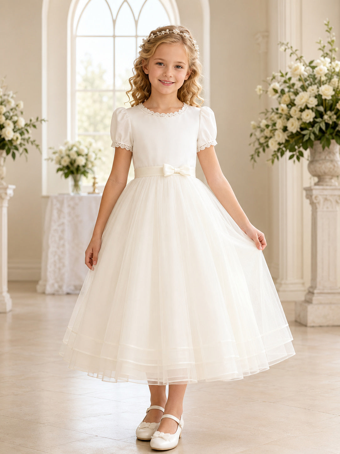 Ivory Round Neck Puff Sleeve Layered Tulle Communion Dress front view