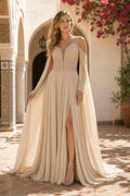 Champagne V-neck Long Sleeves A-Line Chiffon, Lace Floor-length Formal Dress With Lace and Front Slit and Open Back