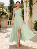 Mint Green One Shoulder Chiffon A Line Dress With Slit front view
