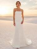 Sleek Strapless Minimalist Crepe Dunes Elopement Mermaid Gown front view