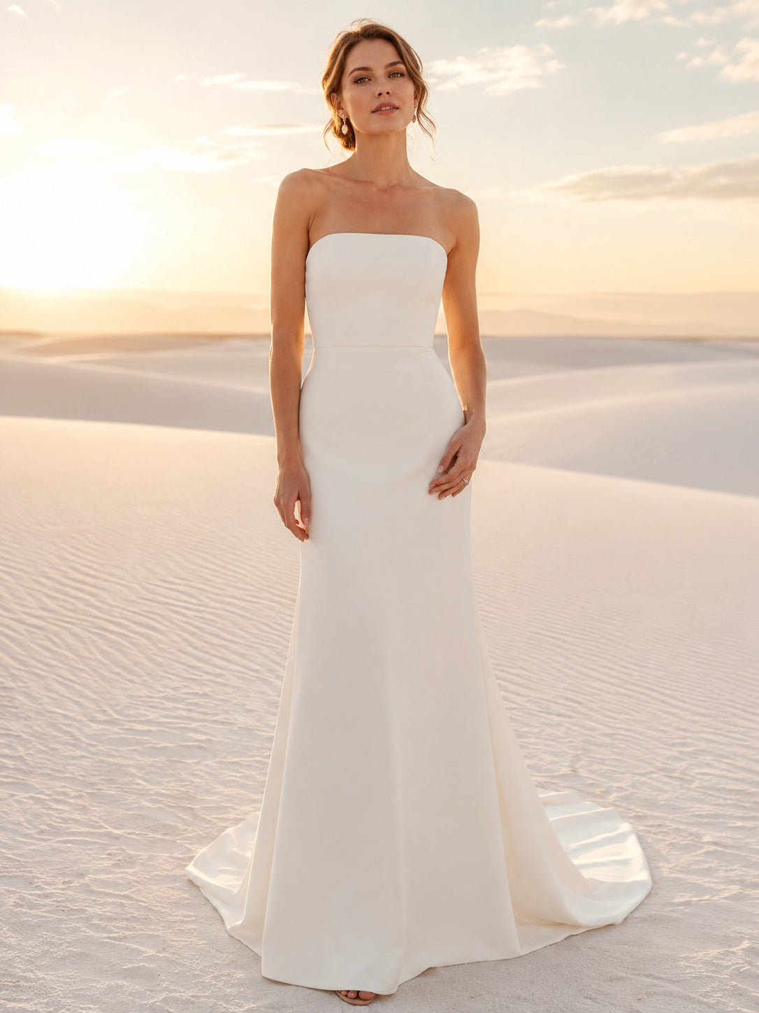 Sleek Strapless Minimalist Crepe Dunes Elopement Mermaid Gown front view