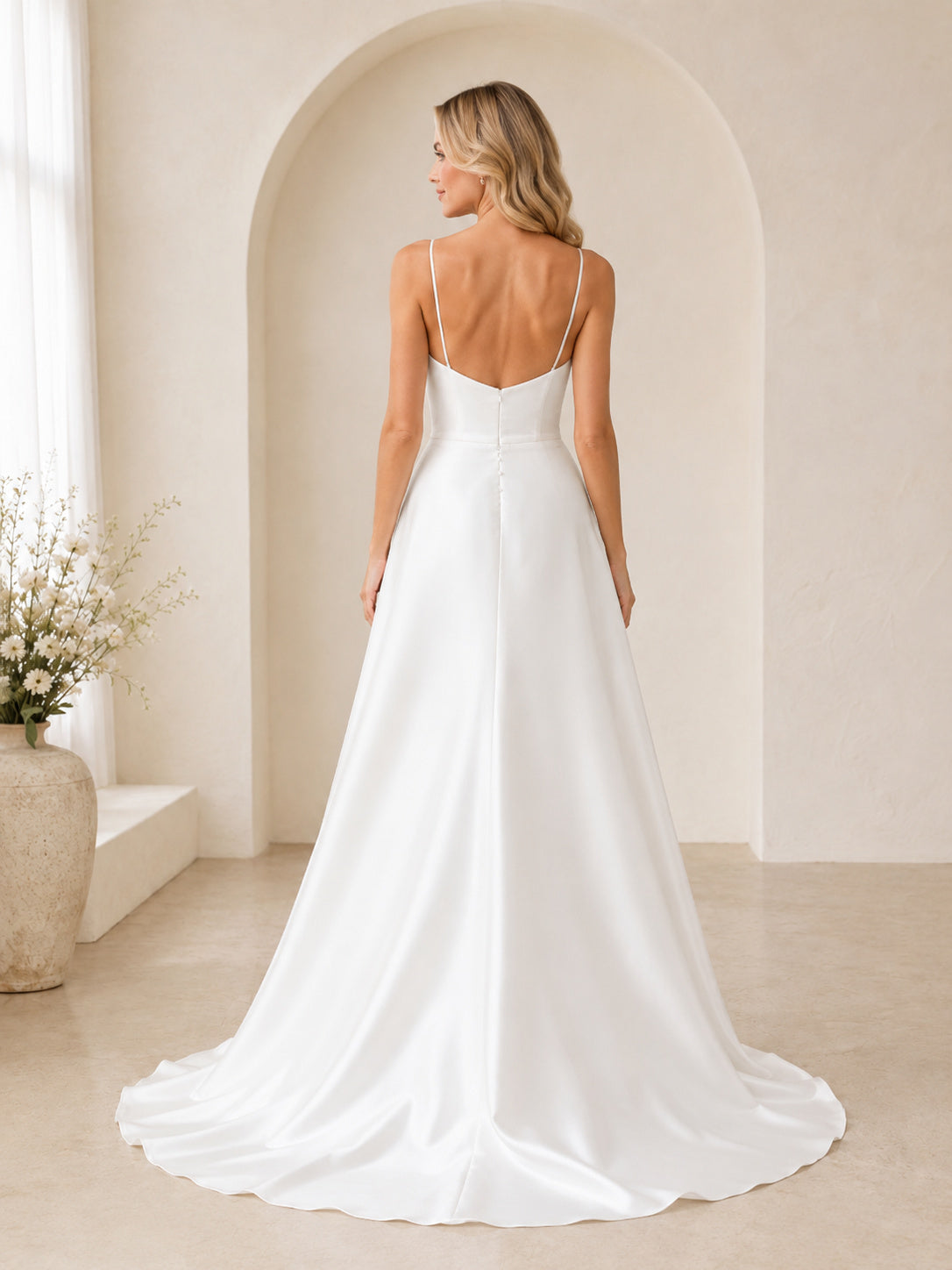 Budget Sweetheart Satin Wedding A Line Spaghetti Strap Court Train back view