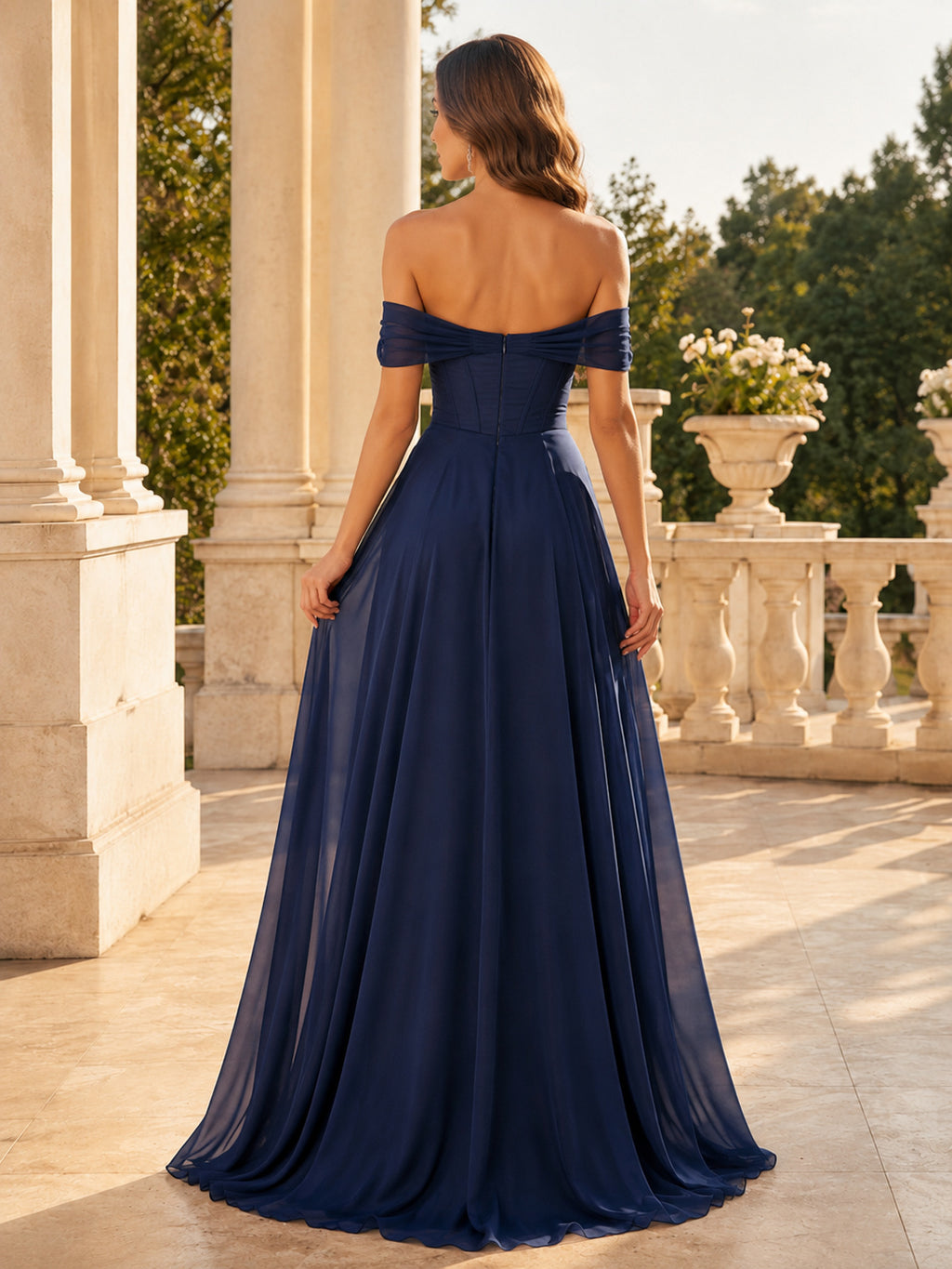 Romantic Dark Navy Chiffon Prom A Line Floor Length Off Shoulder Corset Gown back view