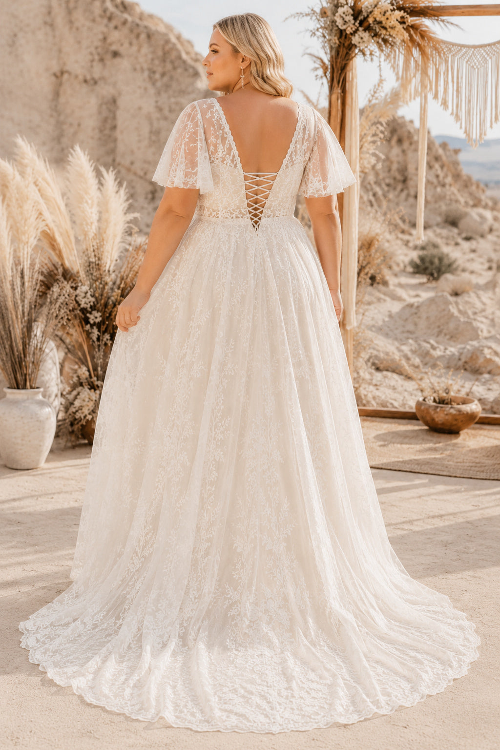 Plus Size V-Neck Cap Sleeve Lace A-Line Wedding Dress with Tulle Train back view