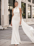 Satin Chiffon Wedding Dress Sheath Halter Sleeveless Watteau Train Open Back Bridal Gown front view