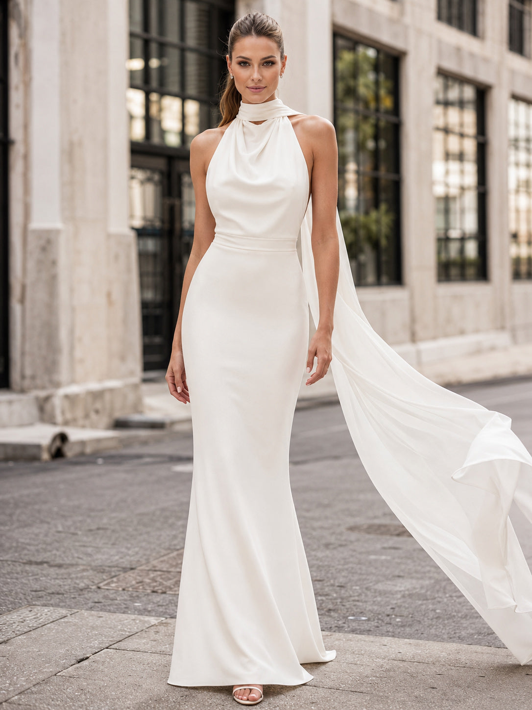 Satin Chiffon Wedding Dress Sheath Halter Sleeveless Watteau Train Open Back Bridal Gown front view