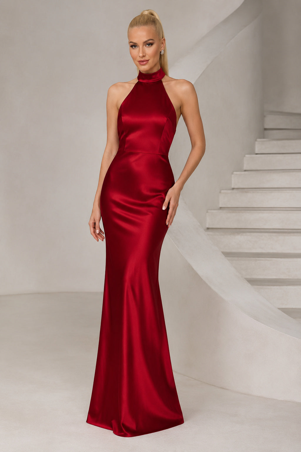 Red halter satin sheath gown with open back and clean fitted skirt Floor-length Sheath Formal Dress front view
