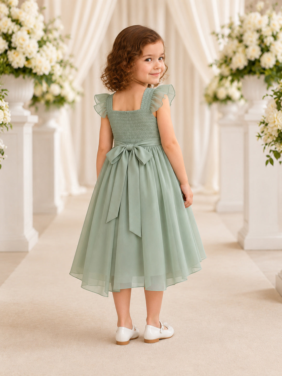 Sage Green Tulle A-Line Flower Girl Party Dress with Petal Sleeves Bow and Ruffled Skirt back view