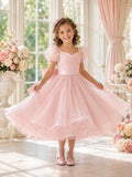 Blush Pink Flower Girl Dress Tea-Length Sparkle Tulle Ball Gown Puff Sleeve Sweetheart Ruched Bow front view