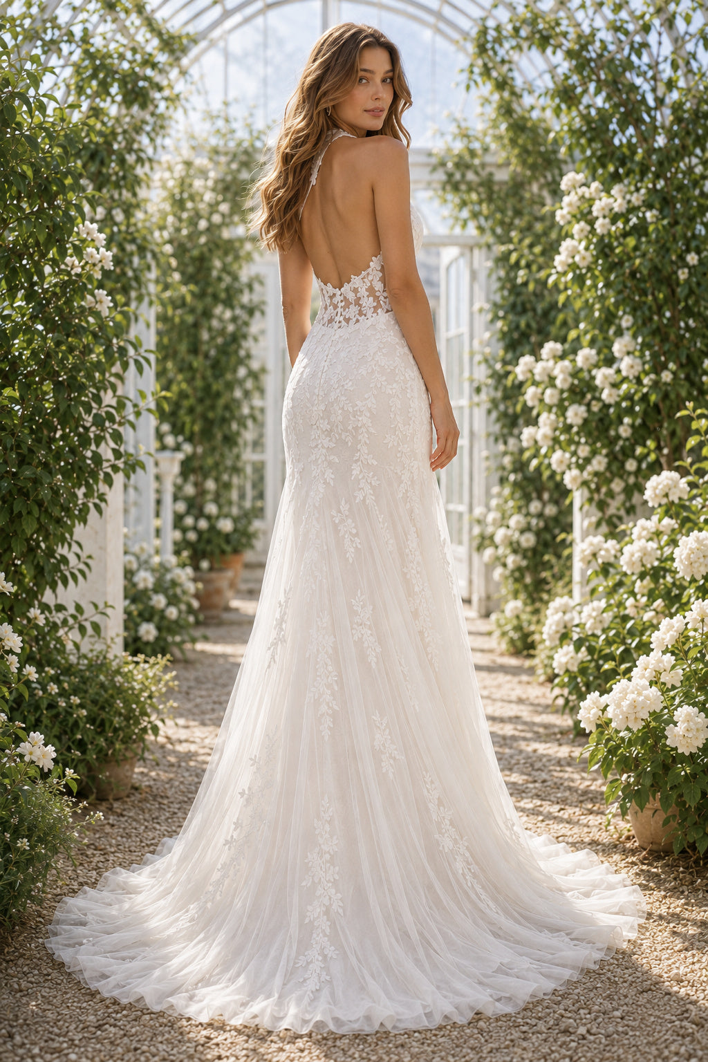 Ivory Sexy Halter Neck Mermaid Lace Tulle Wedding Dress with Halter Straps and Sweep Train back view