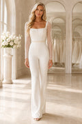 Ivory Square Neck Lace Long Sleeve Wedding Jumpsuit front view