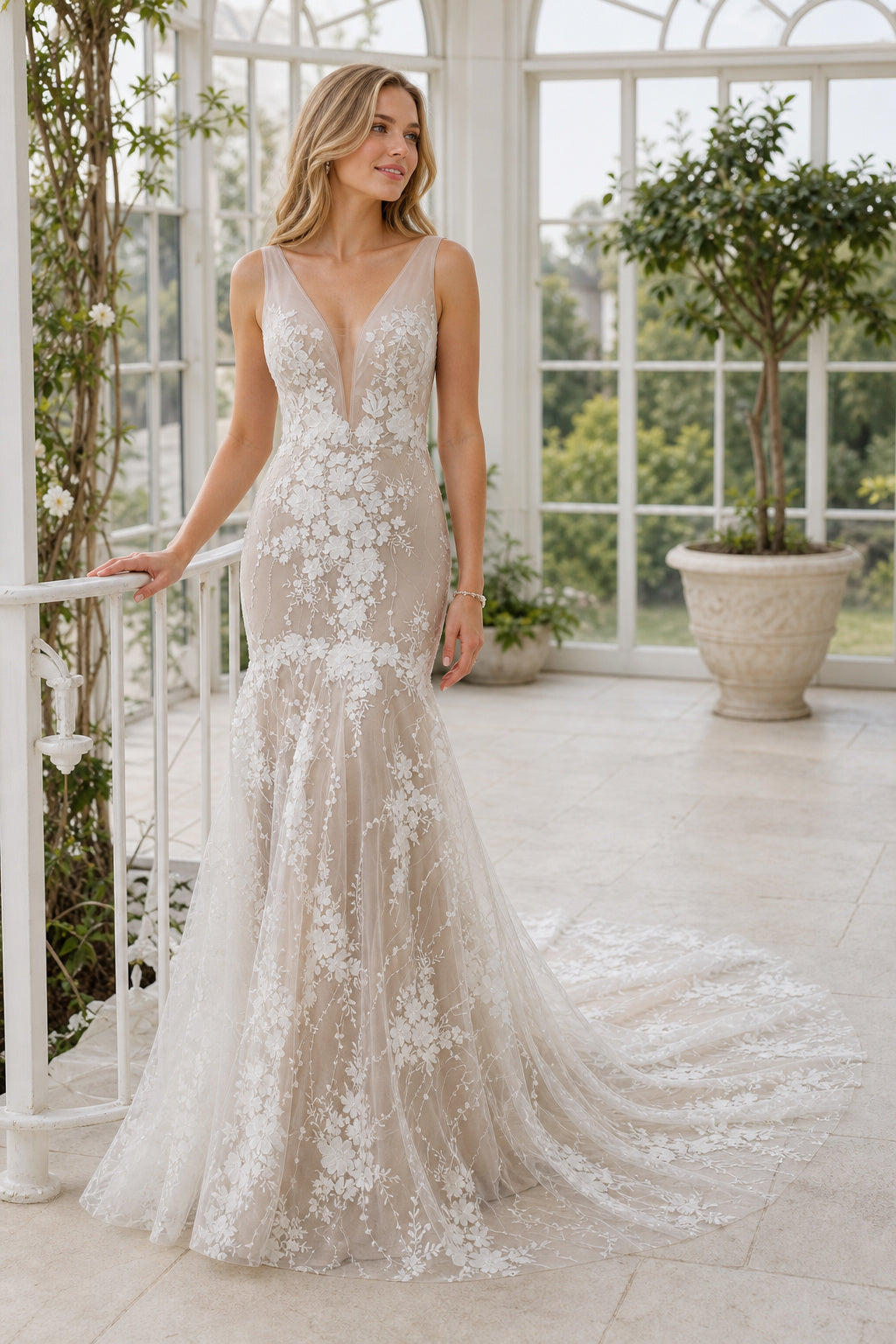 White Halter Mermaid Crepe, Lace Floor-length Wedding Dress With Lace and Beaded Waist and Open Back