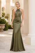 Dark Green Halter Satin Sheath Bridesmaid Dress with Ruched Waist and Open Back front view
