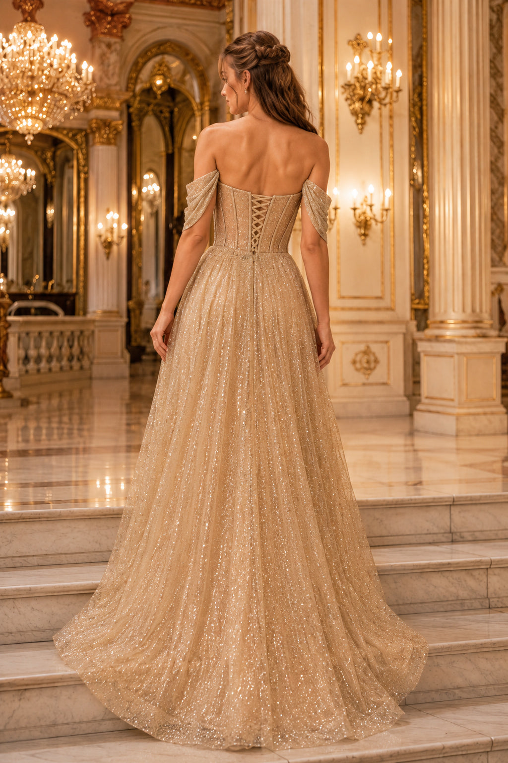 Champagne Glitter Tulle A-Line Prom Dress with Off-the-Shoulder Sleeves back view