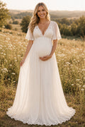 Ivory Maternity V-Neck Flutter Sleeve Chiffon A-Line Wedding Dress with Open Back front view