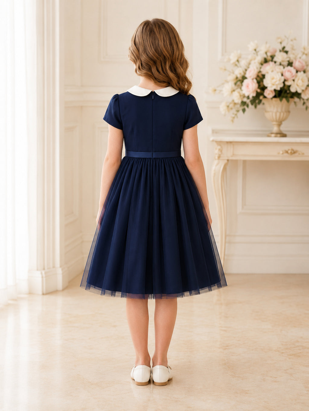 Navy Tulle A-Line Flower Girl Dress Cap Sleeve Jewel Neck Tea Length Bow Detail back view