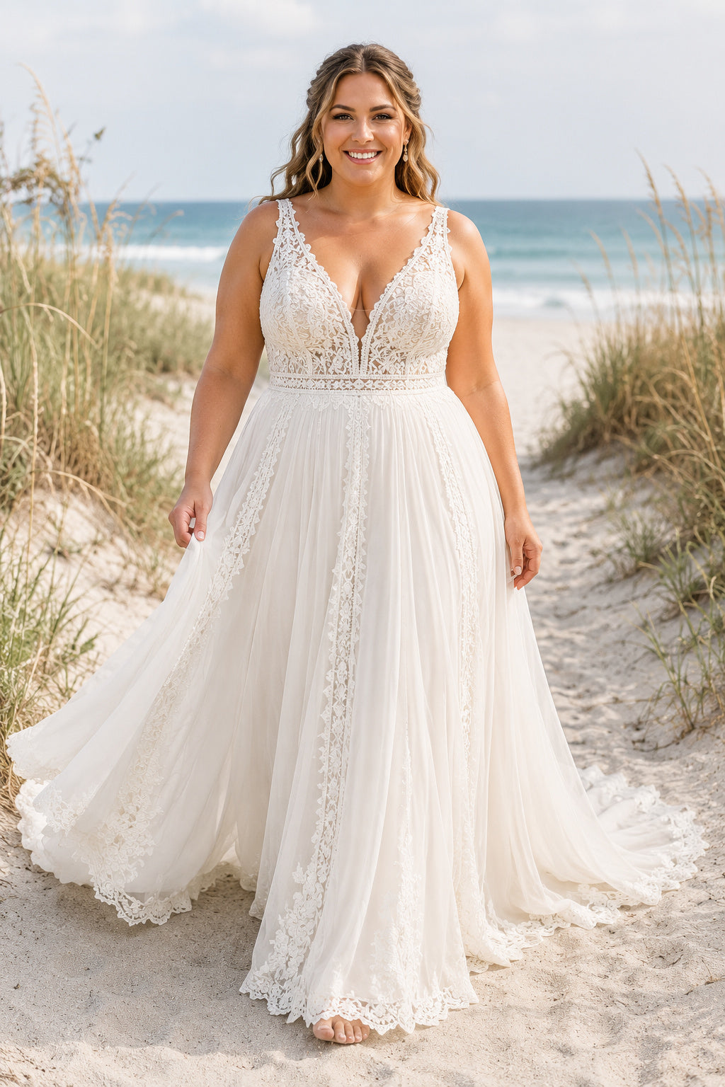 Plus Size Ivory V-Neck Sleeveless Lace Tulle A-Line Wedding Dress with Beaded Waist and Beach Chapel Train front view