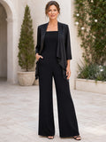 Black Mother Jumpsuit with Square Neck Draped Long Jacket and Wide Leg Pants front view