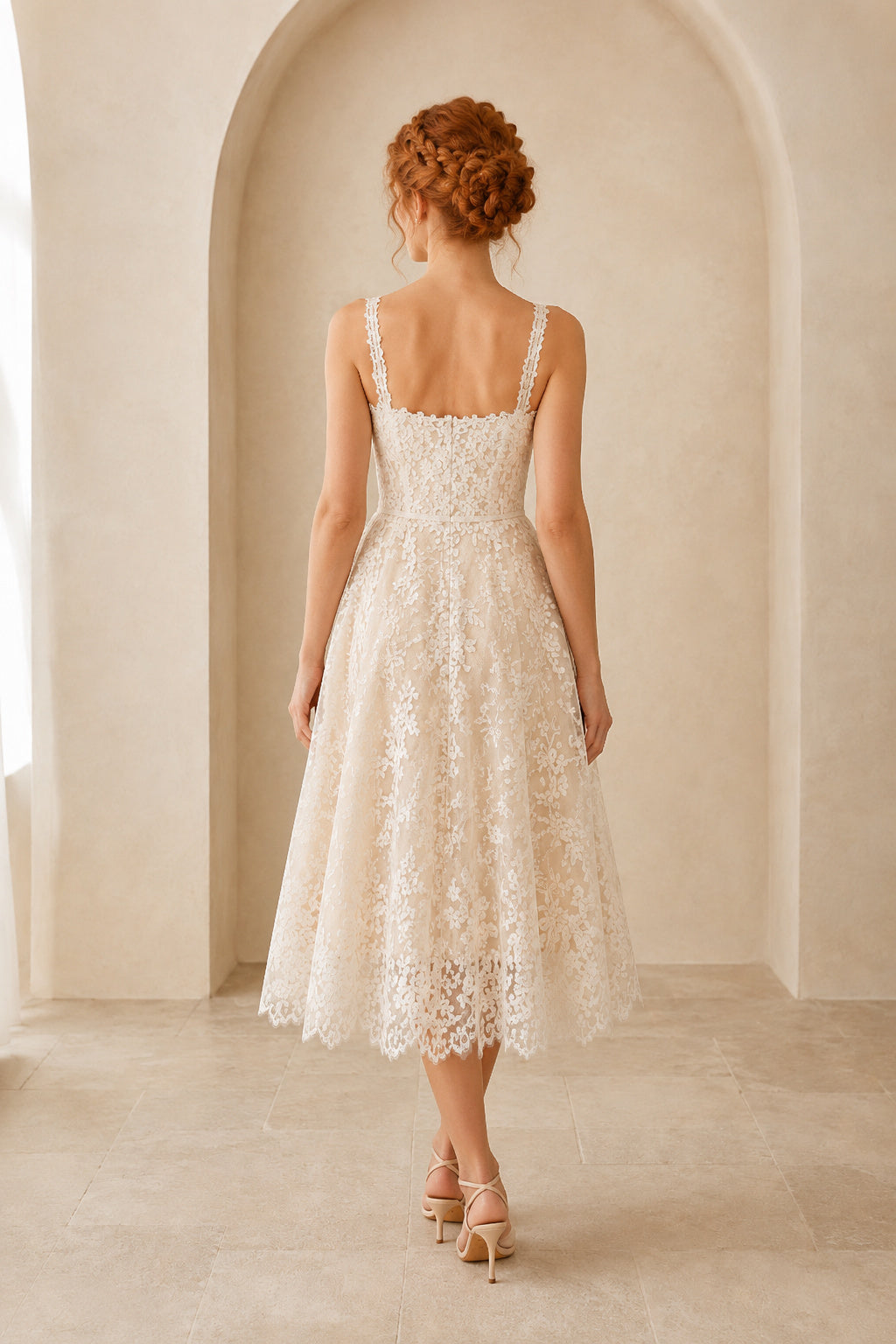 Ivory Square Strap Sleeveless Lace Tulle Tea-Length Wedding Dress with Allover Lace Overlay and Straight Straps back view