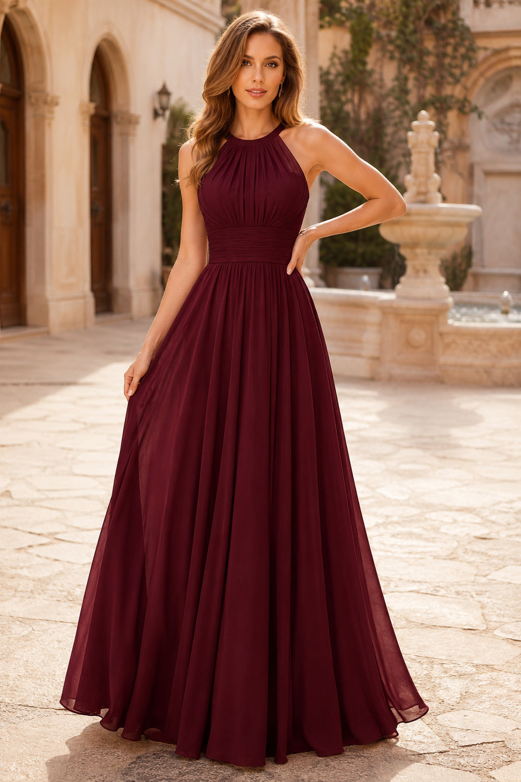 Burgundy Halter Chiffon A-Line Formal Dress front view