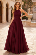 Burgundy Halter Chiffon A-Line Formal Dress front view