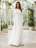 Modest Satin Wedding Dress Sheath Bateau Neck Long Sleeve Sweep Train Bridal Gown front view